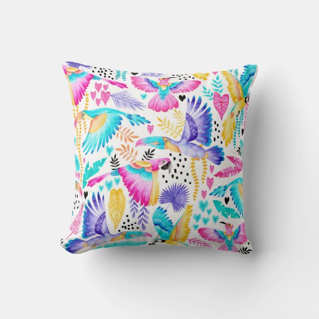 Tropical Watercolor Toucan Jungle Throw Pillow (Front)