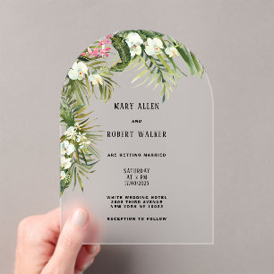 Tropical watercolor white orchid floral wedding acrylic invitations