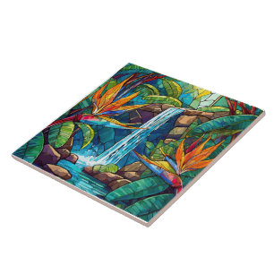 Tropical waterfall and BOP Stained glass art Tile
