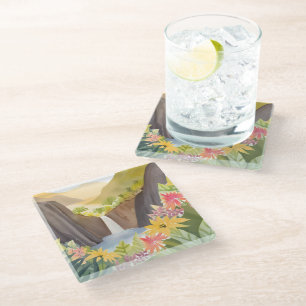 Tropical Waterfall   Floral Watercolor Landscape Glass Coaster