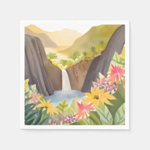 Tropical Waterfall   Floral Watercolor Landscape Napkin