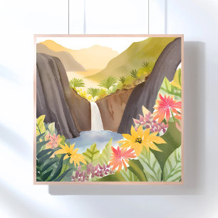 Tropical Waterfall   Floral Watercolor Landscape Poster
