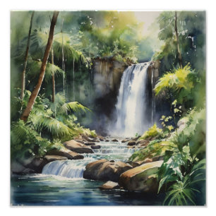 Tropical Waterfall Watercolor Painting Photo Print