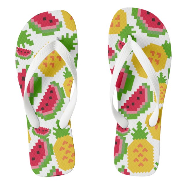 Tropical Watermelon and Pineapple Pixel Pattern Flip Flops (Footbed)