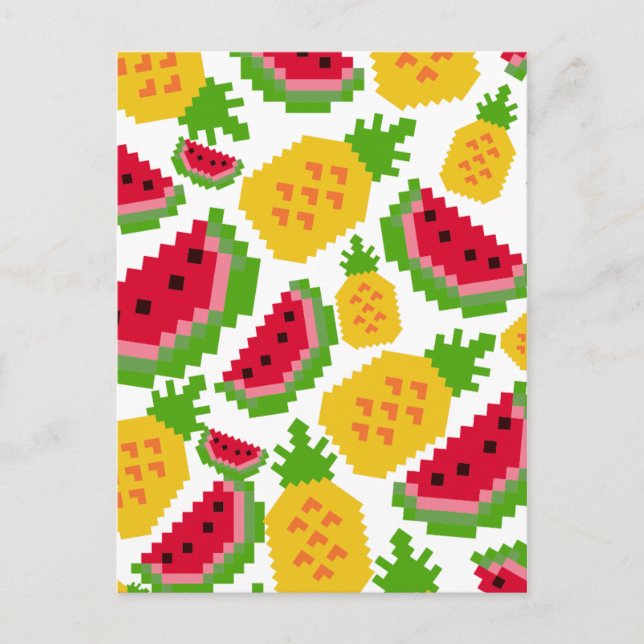 Tropical Watermelon and Pineapple Pixel Pattern Postcard (Front)