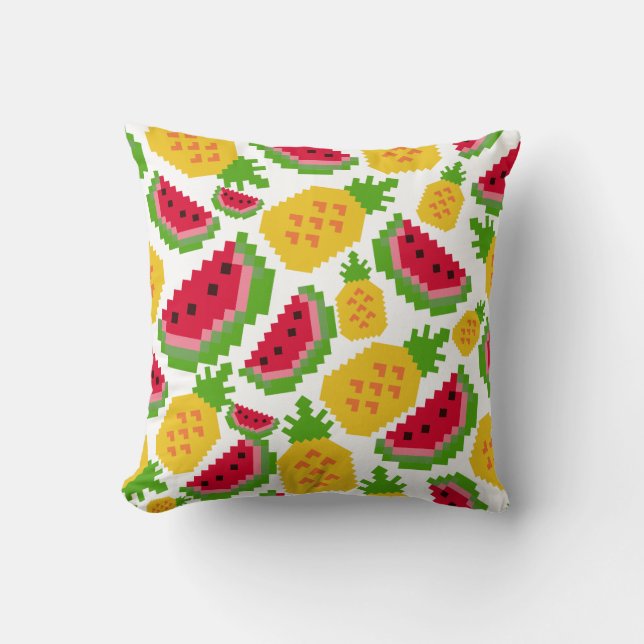 Tropical Watermelon and Pineapple Pixel Pattern Throw Pillow (Front)