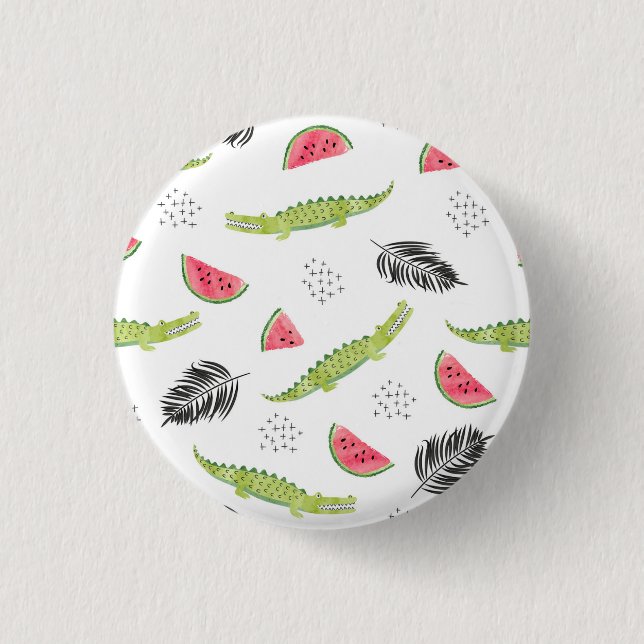 Tropical Watermelon & Crocodile Pattern 1 Inch Round Button (Front)