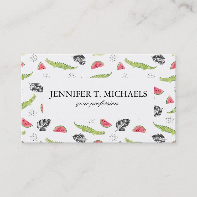 Tropical Watermelon & Crocodile Pattern Business Card (Front)