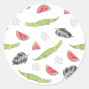 Tropical Watermelon & Crocodile Pattern Classic Round Sticker