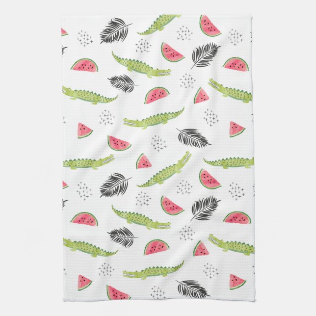 Tropical Watermelon & Crocodile Pattern Kitchen Towel (Vertical)