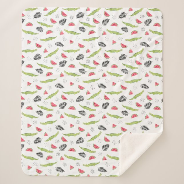 Tropical Watermelon & Crocodile Pattern Sherpa Blanket (Front)