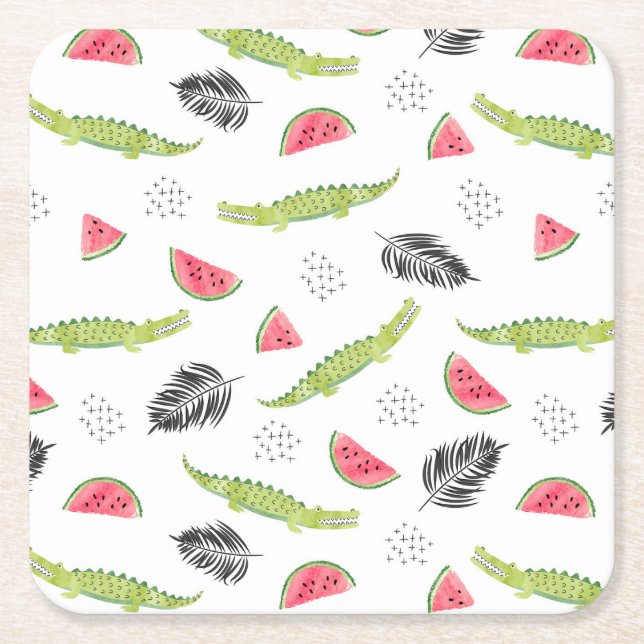 Tropical Watermelon & Crocodile Pattern Square Paper Coaster (Front)