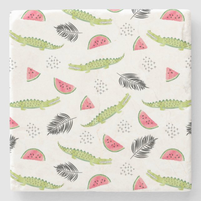 Tropical Watermelon & Crocodile Pattern Stone Coaster (Front)