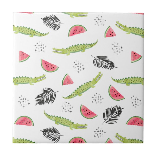 Tropical Watermelon & Crocodile Pattern Tile (Front)