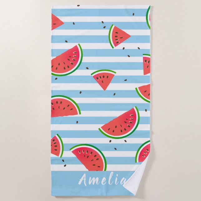 Tropical Watermelon Red Stripes Personalized Beach Towel (Front)