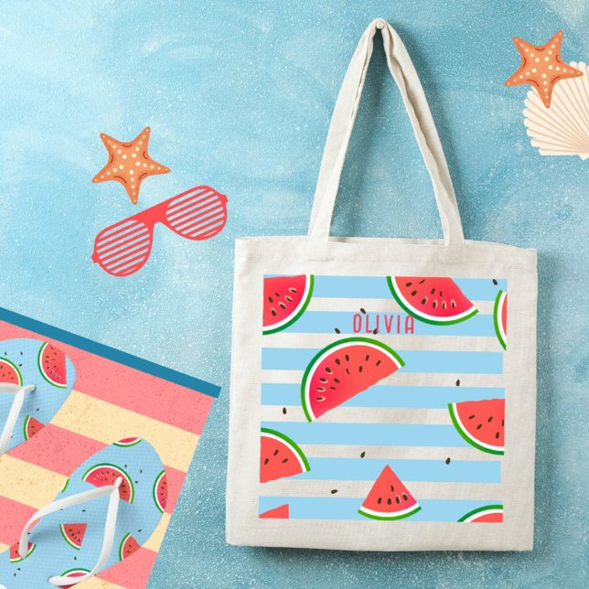 Tropical Watermelon Red Stripes Personalized Tote Bag (Creator Uploaded)
