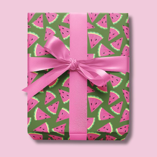 Tropical watermelon summer pattern wrapping paper (Watermelon wrapping paper on a olive green background)