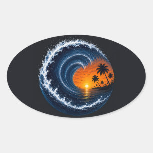 Tropical Wave Sunset Surf Logo Shirt   Ocean Vorte Oval Sticker