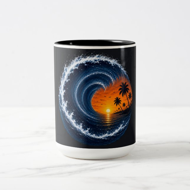 Tropical Wave Sunset Surf Logo Shirt | Ocean Vorte Two-Tone Coffee Mug (Center)