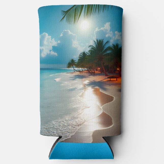 Tropical Waves Blue cloudy sky beach Seltzer Can Cooler (Front)