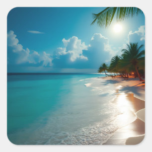 Tropical Waves Blue cloudy sky beach Square Sticker