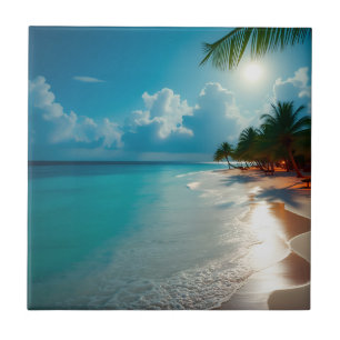 Tropical Waves Blue cloudy sky beach Tile