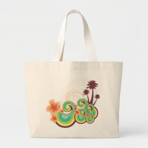 Tropical Waves Hibiscus Summer Beach Palm Trees Large Tote Bag