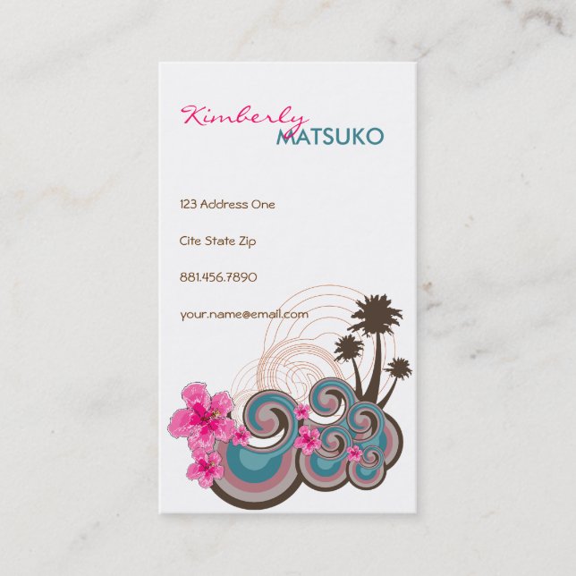 Tropical Waves Hot Pink Hibiscus Beach Palm Trees Business Card (Front)