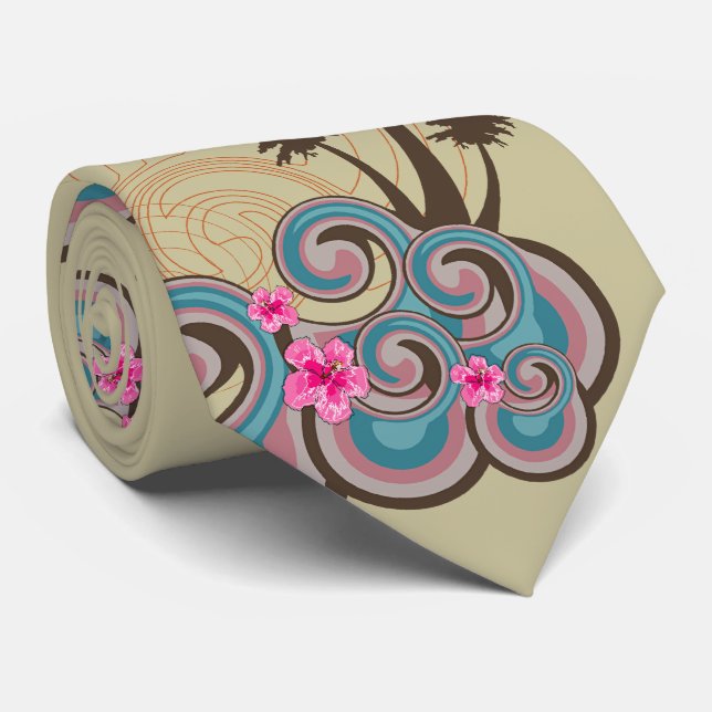 Tropical Waves Hot Pink Hibiscus Beach Palm Trees Tie (Rolled)