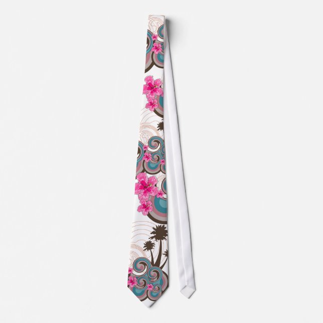 Tropical Waves Hot Pink Hibiscus Beach Palm Trees Tie (Front)