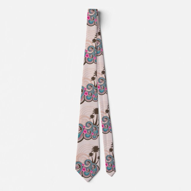 Tropical Waves Hot Pink Hibiscus Palm Trees Tie (Front)