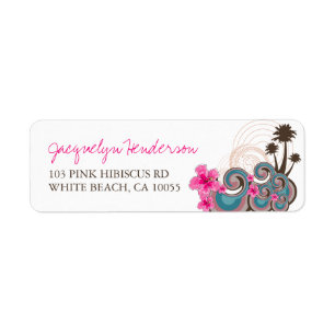 Tropical Waves Pink Hibiscus Beach Wedding Labels