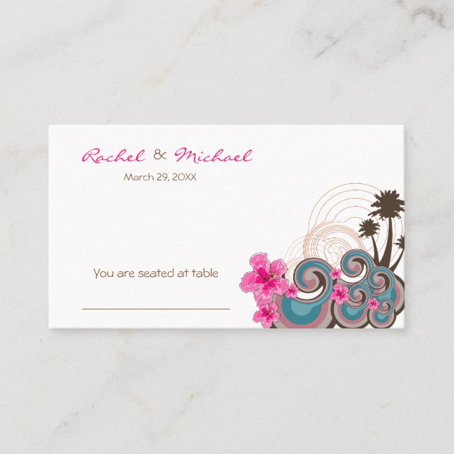 Tropical Waves Pink Hibiscus Palm Trees Wedding Place Card (Front)