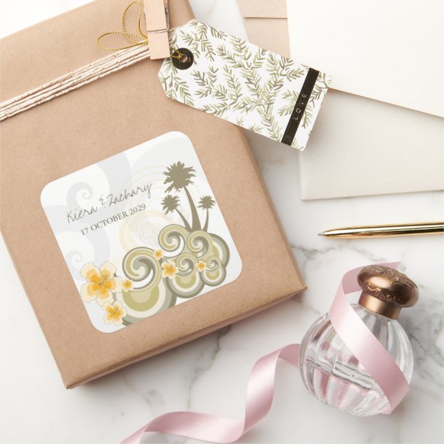 Tropical Waves Yellow Hibiscus Destination Wedding Square Sticker (Gifting)