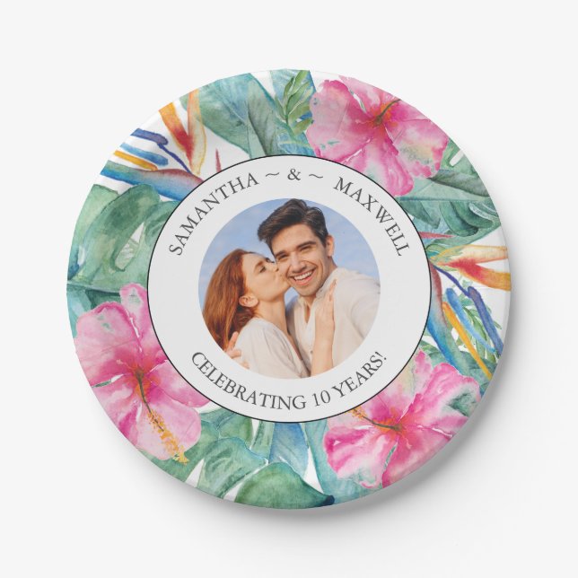 Tropical Wedding Anniversary Party Photo Paper Plate (Front)