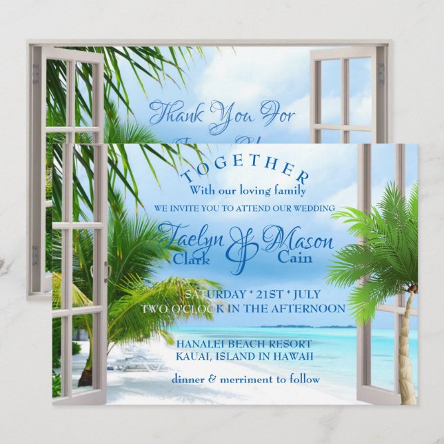 Tropical Wedding Beach Scene Wedding Invitation (Front/Back)