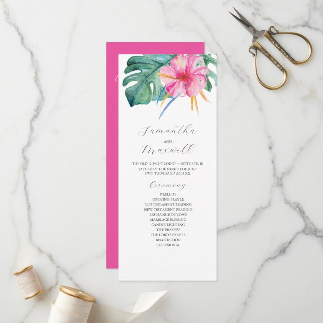 Tropical Wedding Ceremony Programs Pink Flowers (Front/Back In Situ)