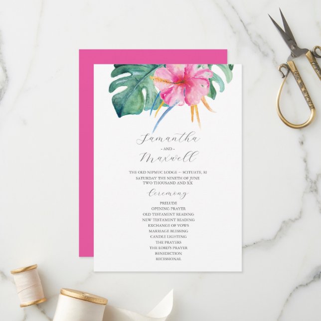 Tropical Wedding Ceremony Programs Pink Flowers (Front/Back In Situ)