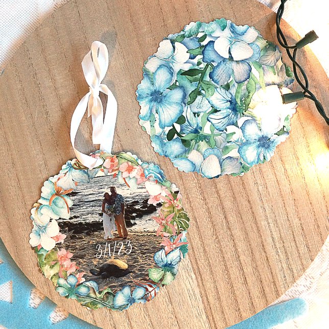 Tropical Wedding Commemorative Christmas Ornament Card (Tropical Christmas, Commemorative Ornament, Blue Hibiscus Flower Wreath)