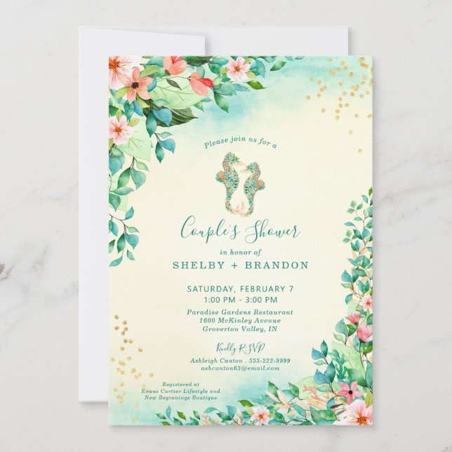 Tropical Wedding Couple Shower Floral Seahorses Invitation (Front)
