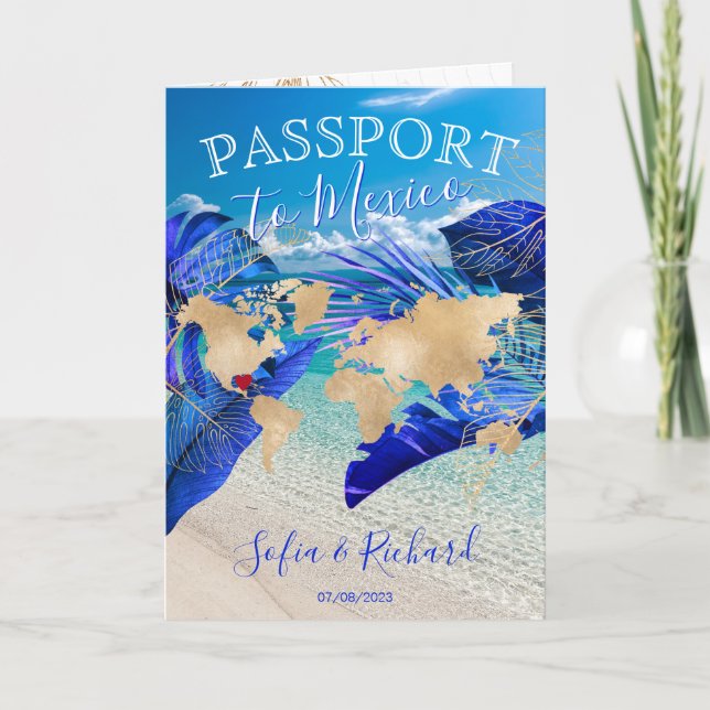 Tropical Wedding Destination Passport World Map Invitation (Front)