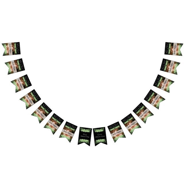 Tropical Wedding  Green Palm Leaves black Photo Bunting Flags (All)