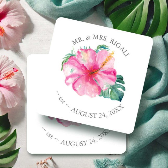 Tropical Wedding Hibiscus Flower Square Paper Coaster (Wedding favors tropical hibiscus flowers art by Victoria Grigaliunas of Do Tell A Belle)
