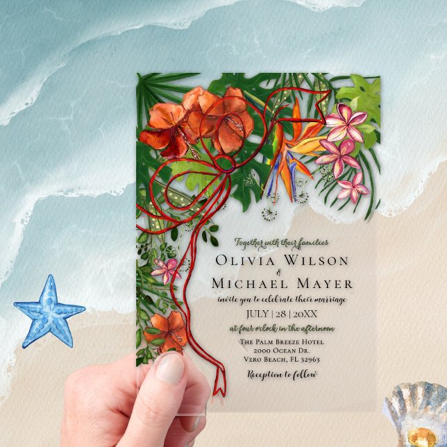 Tropical Wedding I Floral & Red Bow Acrylic Invitations (Tropical Wedding I Floral & Red Bow Acrylic Invitations)