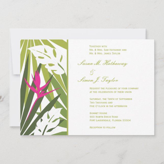 Tropical Wedding Invitation - Green and Pink (Front)