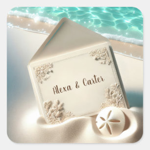 Tropical Wedding Invitation On a Beach Square Sticker