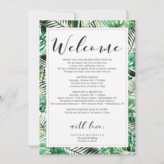 Tropical Wedding Itinerary Welcome Letter Invitation (Front)