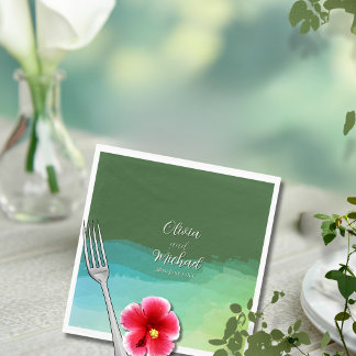Tropical Wedding Napkin Blue Green Watercolor Wash