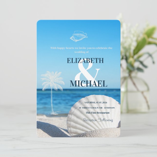 Tropical Wedding Ocean Beach  Invitation (Standing Front)