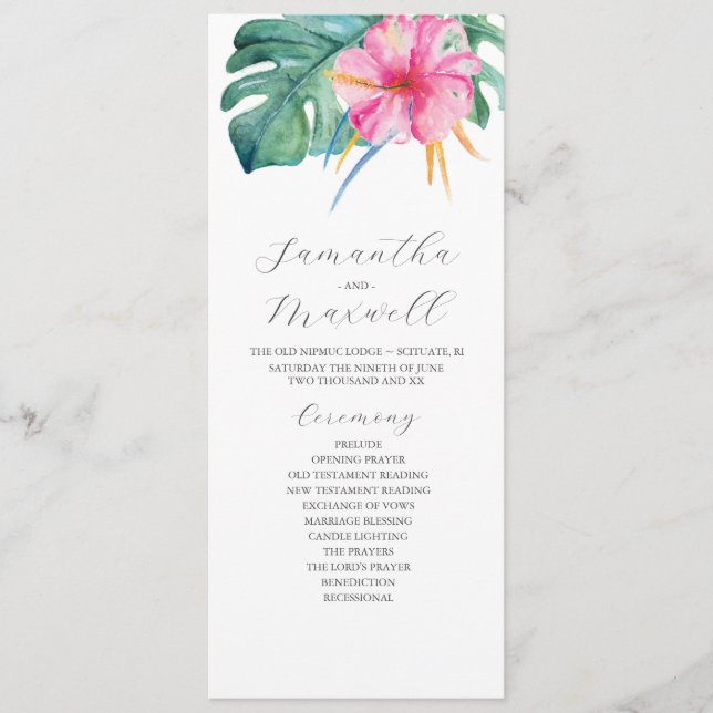 Tropical Wedding Programs Pink Hibiscus Flower (Front)